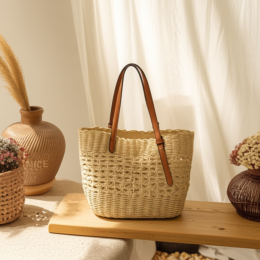 Sac fourre-tout bohème en paille tressée – modèle Hign - Orra Atelier