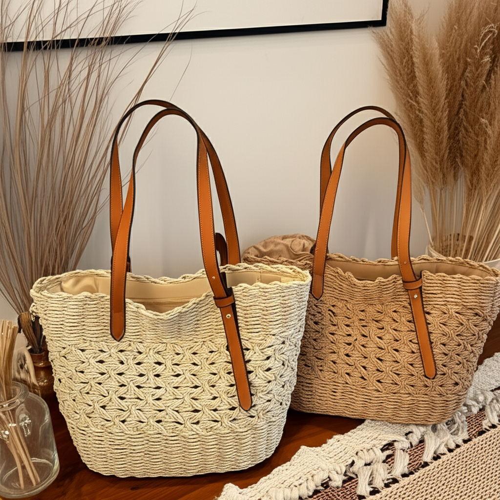 Sac fourre-tout bohème en paille tressée – modèle Hign - Orra Atelier