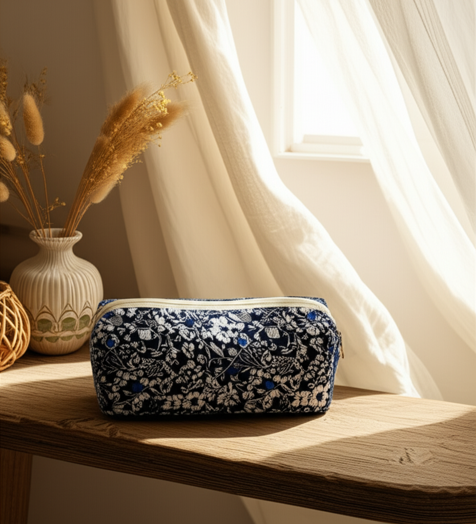 Trousse de Maquillage Fleurie en coton – Black and White - Orra Atelier