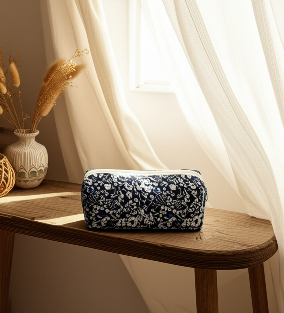 Trousse de Maquillage Fleurie en coton – Black and White - Orra Atelier