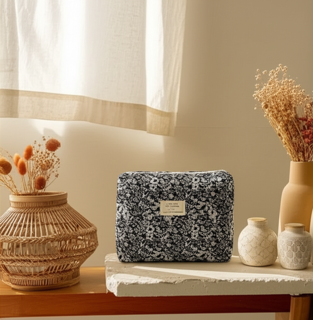 Trousse de Maquillage Fleurie en coton – Black and White - Orra Atelier