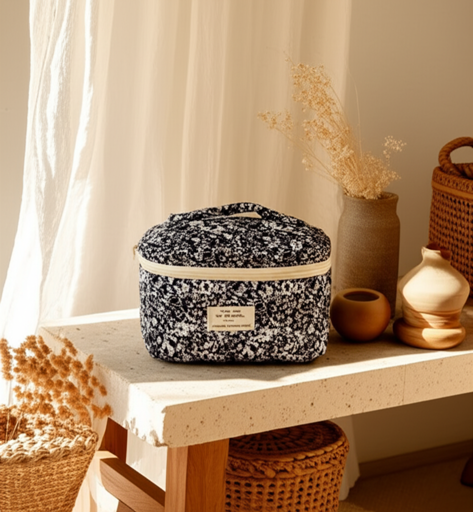 Trousse de Maquillage Fleurie en coton – Black and White - Orra Atelier
