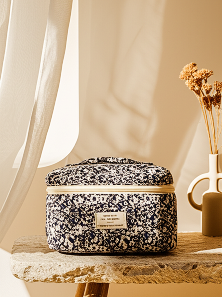 Trousse de Maquillage Fleurie en coton – Black and White - Orra Atelier