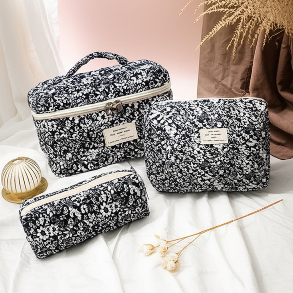 Trousse de Maquillage Fleurie en coton – Black and White - Orra Atelier