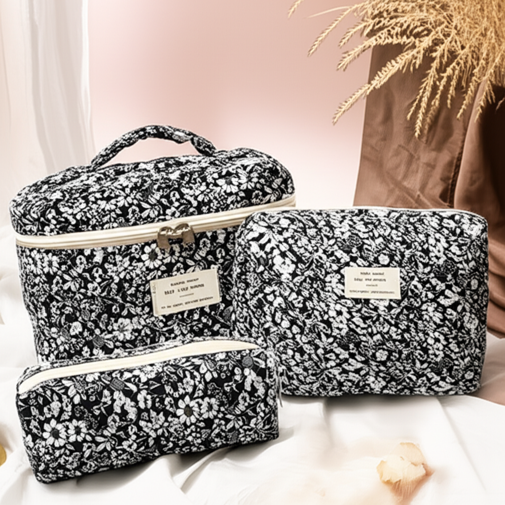 Trousse de Maquillage Fleurie en coton – Black and White - Orra Atelier