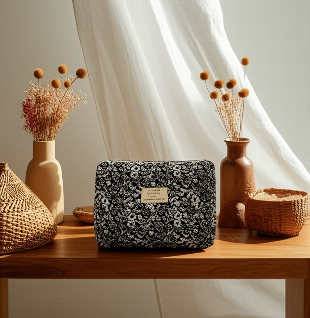 Trousse de Maquillage Fleurie en coton – Black and White - Orra Atelier