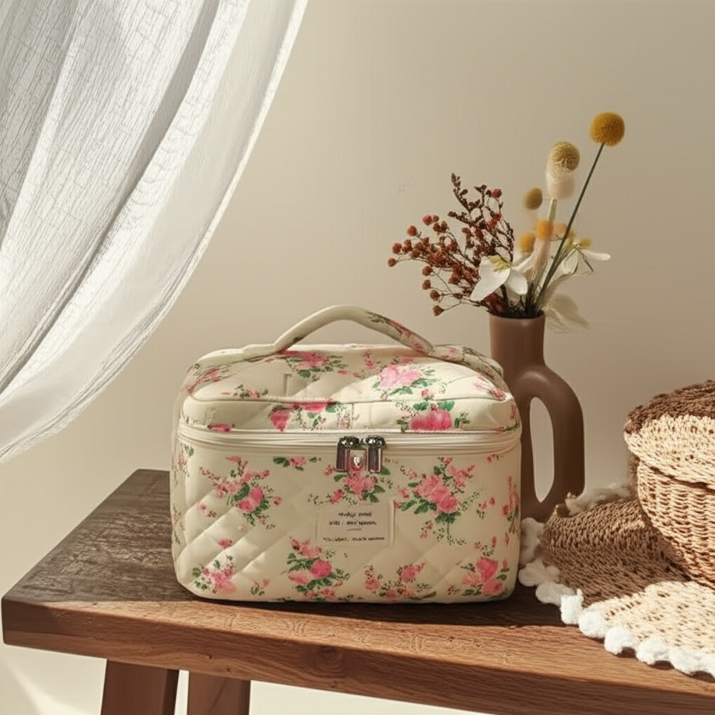 Trousse de toilette en coton fleuri  – Rose d’Ivoire - Orra Atelier